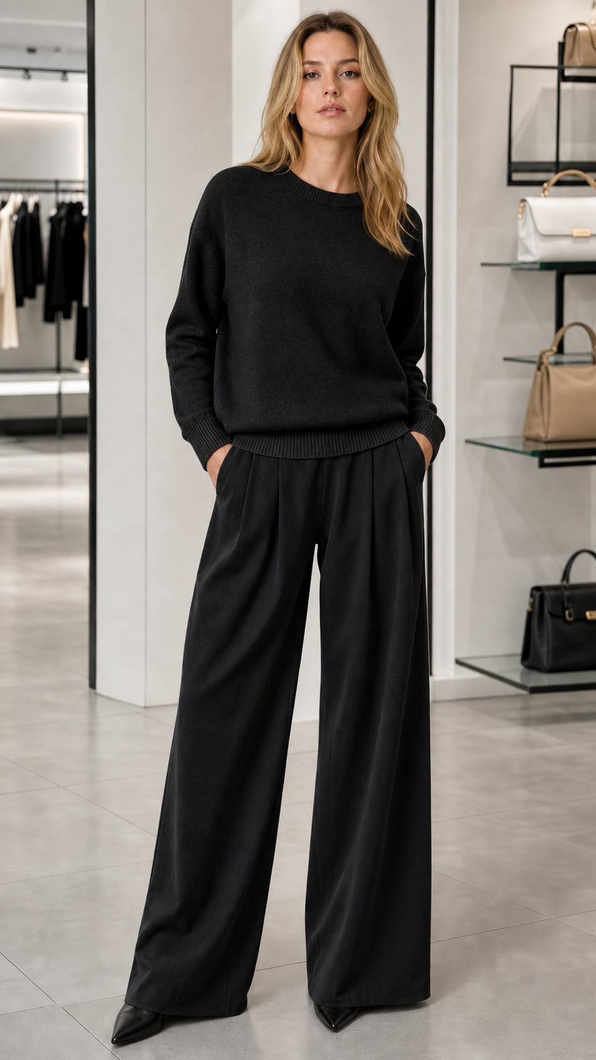 Model wearing black crewneck knit sweater with matching black wide-leg trousers