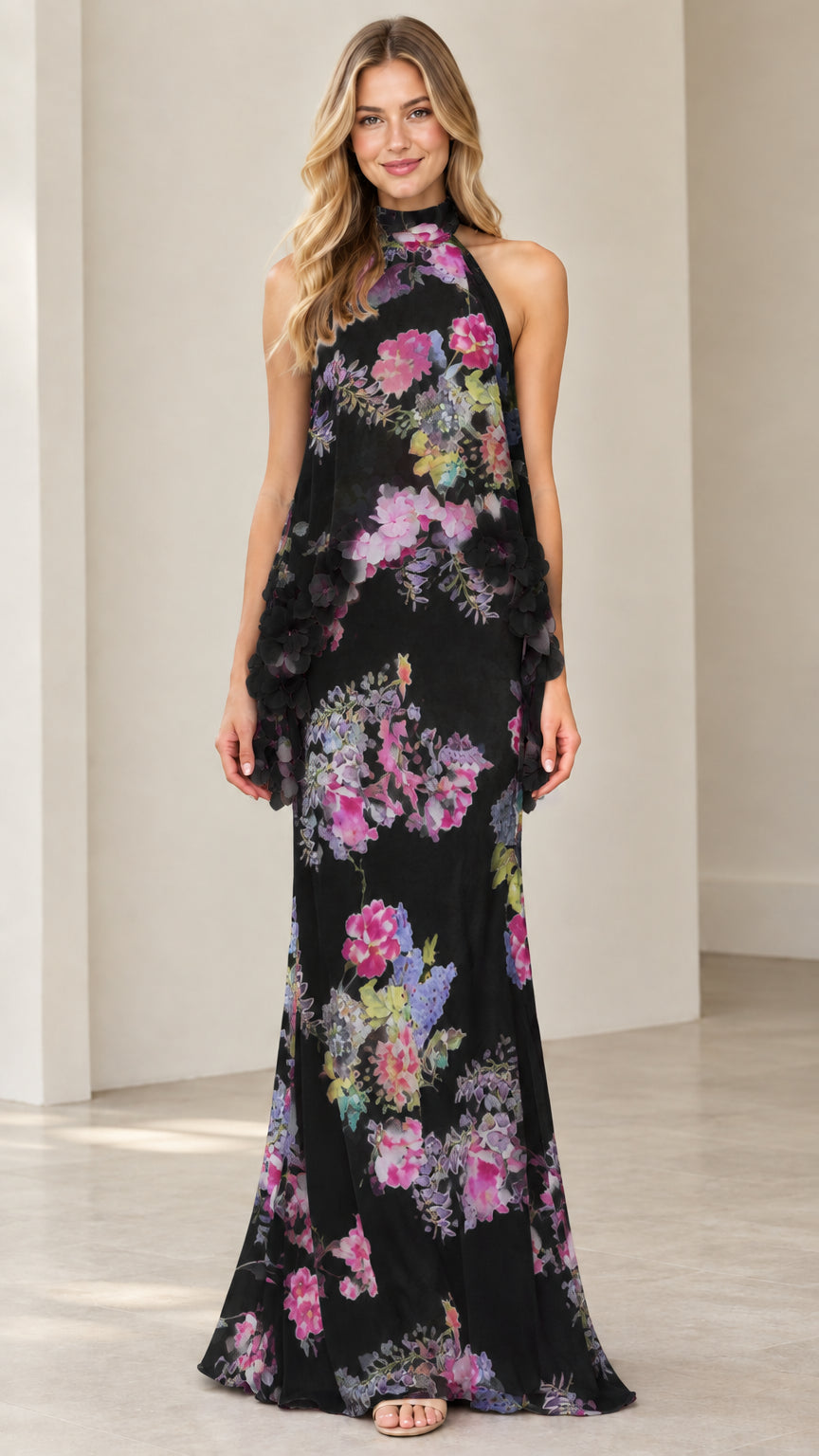 Model wearing Black floral tiered halter maxi dress
