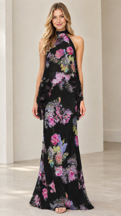 Model wearing Black floral tiered halter maxi dress