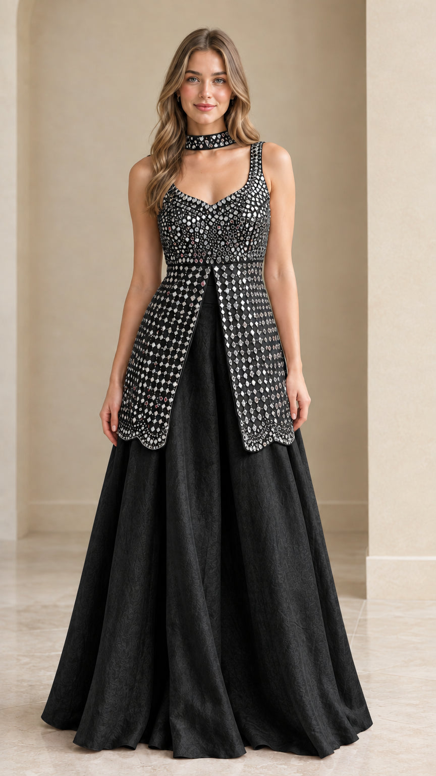 Model wearing Black embellished sleeveless longline top and matching maxi skirt set