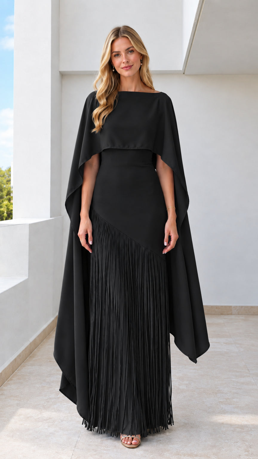 Black formal evening maxi dress with capelet and asymmetrical fringe detail