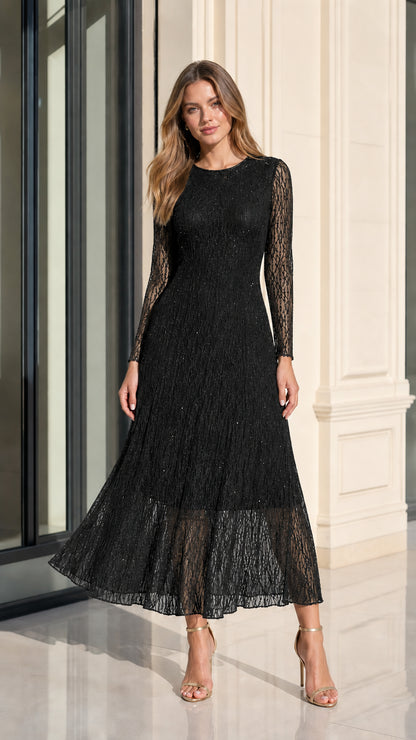 Black long sleeve sequin lace A-line midi party dress
