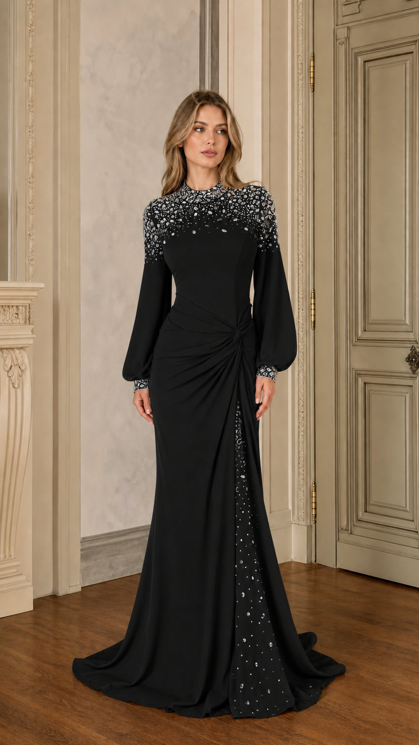 Black long sleeve formal evening gown with crystal-embellished neckline and waist ruching