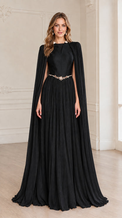 Full-length black pleated cape sleeve evening gown