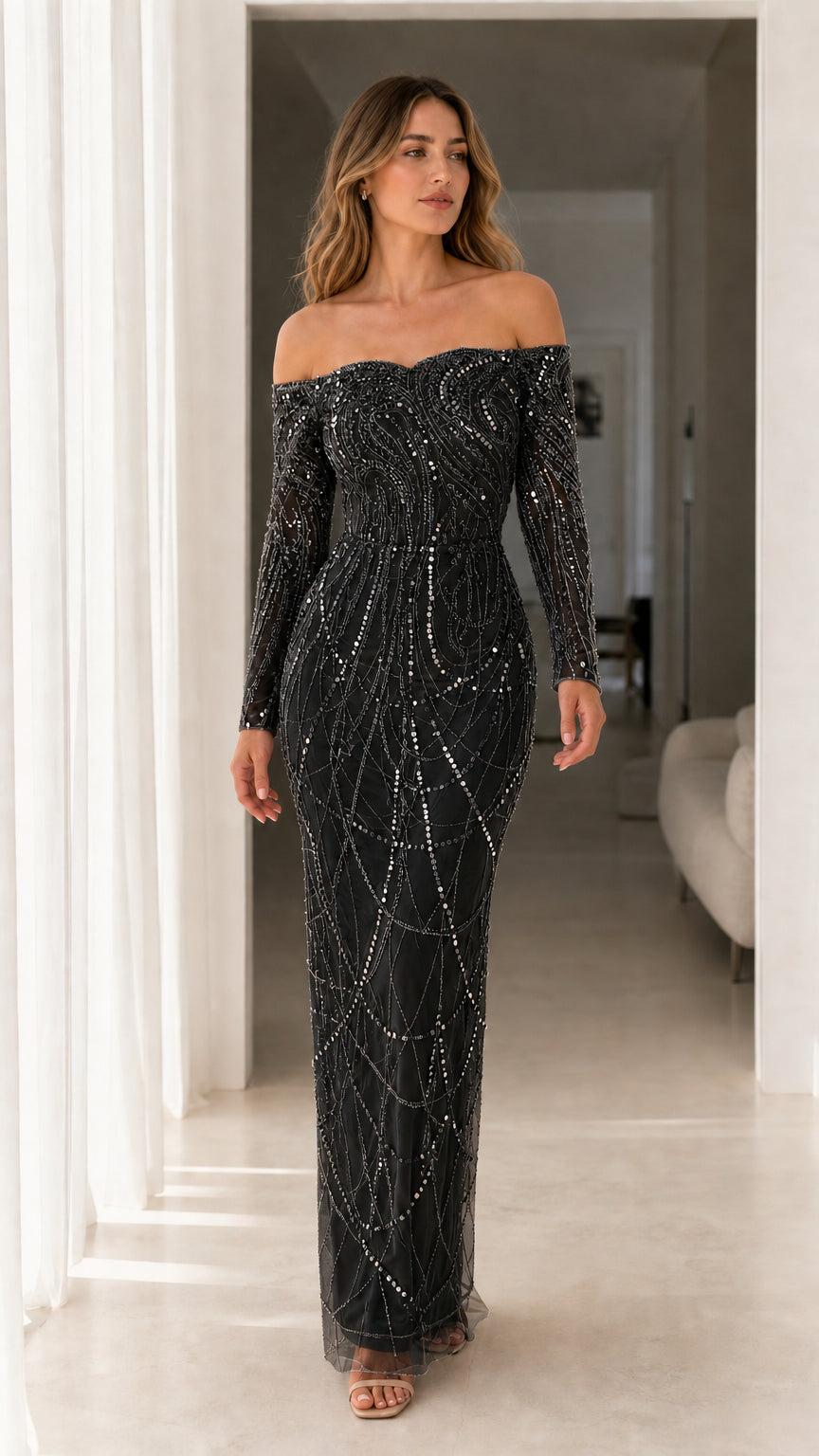 Black off-the-shoulder long sleeve sequin embellished formal evening gown