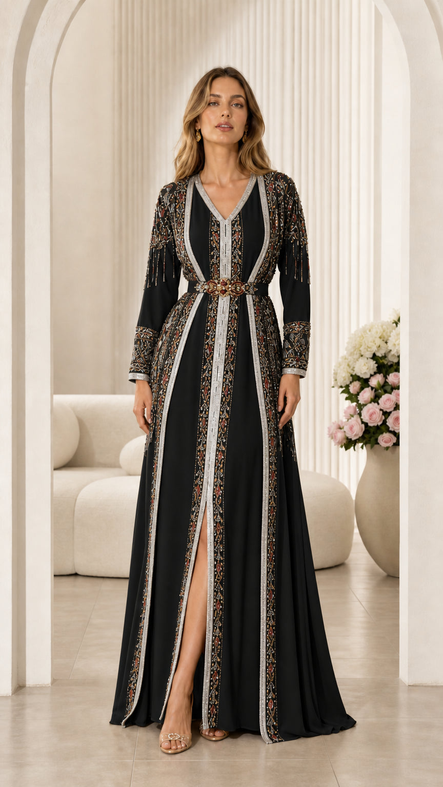 Black embroidered Moroccan kaftan maxi dress with crystal trim and belt