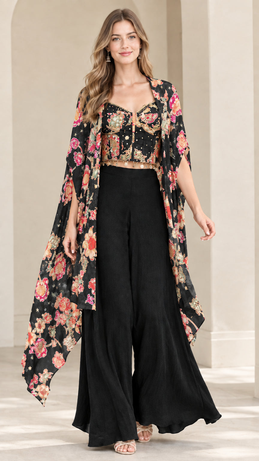 Black floral cape top and wide-leg palazzo 3-piece set