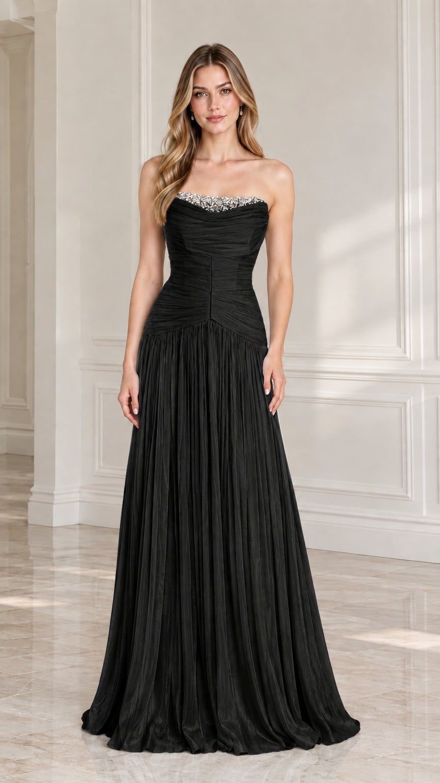 Full-length classic black strapless pleated formal evening dress