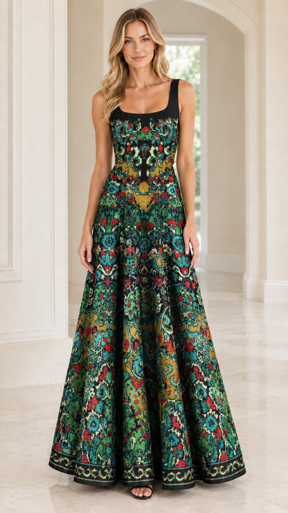 Front view of woman wearing emerald green and black tapestry print sleeveless maxi dress