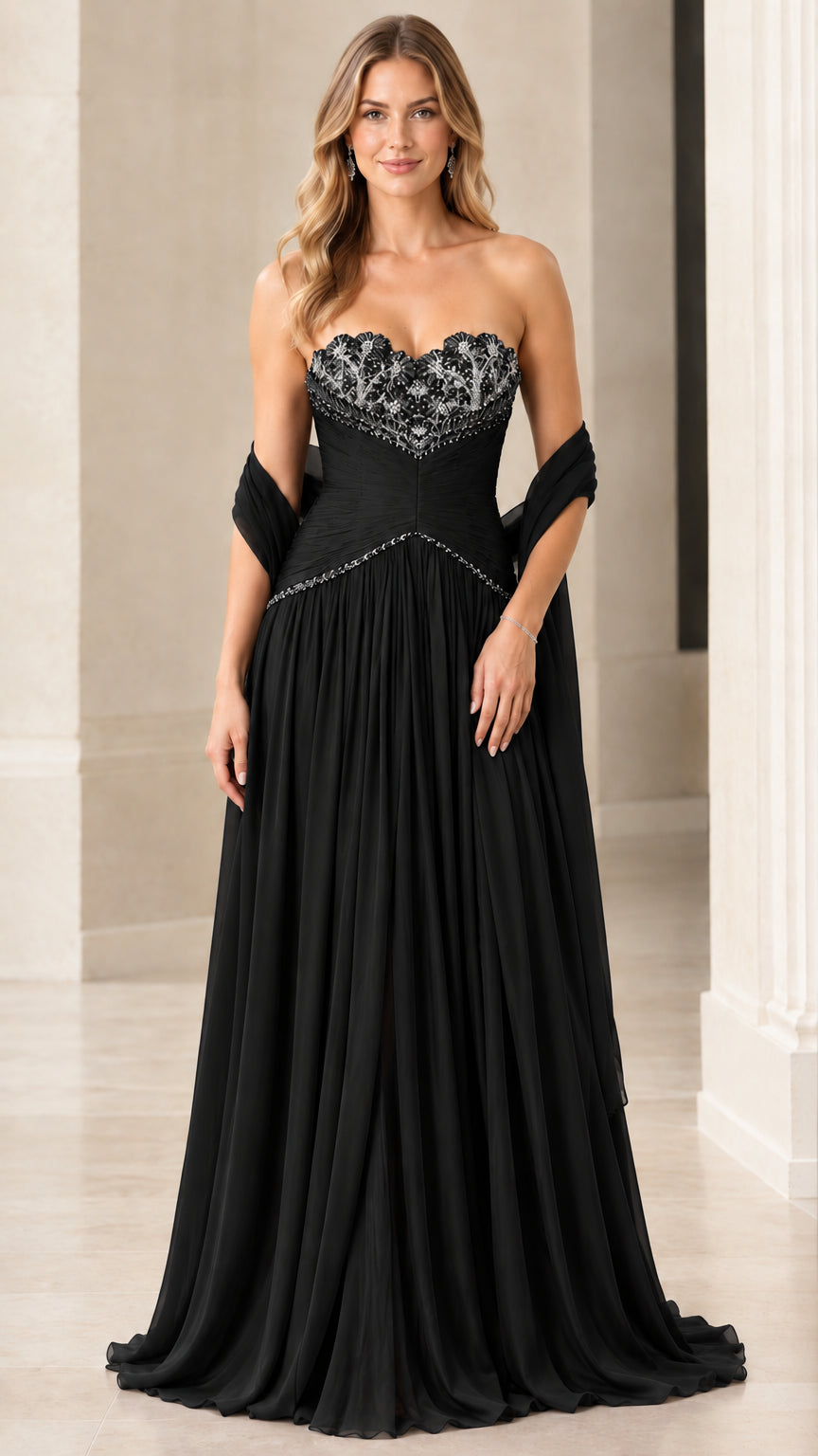 Black strapless pleated chiffon evening gown with beaded sweetheart bodice and shawl
