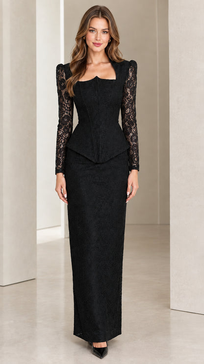 Front view of model wearing classic black lace peplum maxi dress set