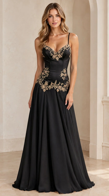 Model wearing black formal maxi dress with gold floral embroidered corset bodice