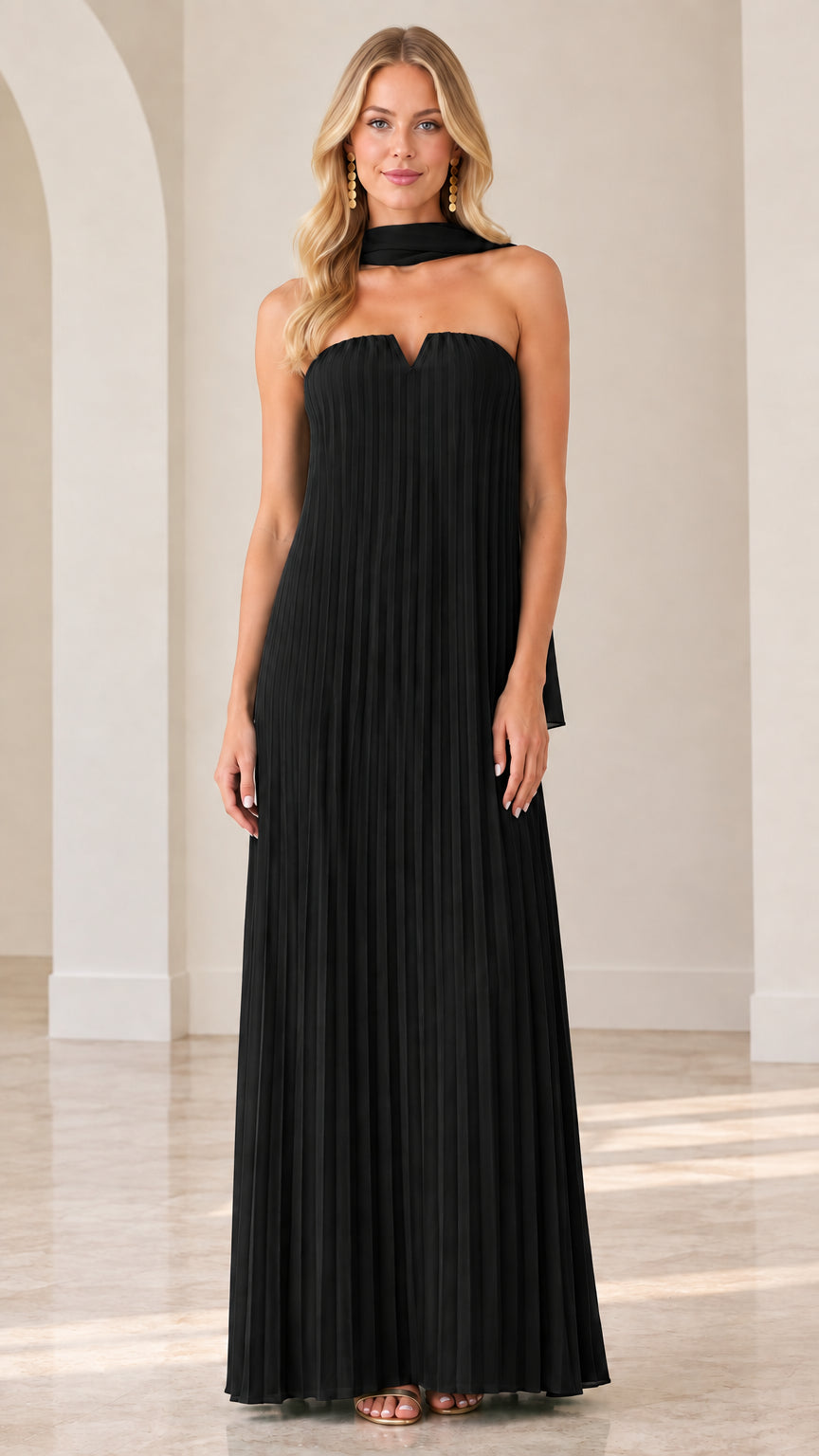 Black strapless pleated maxi evening dress with coordinating scarf