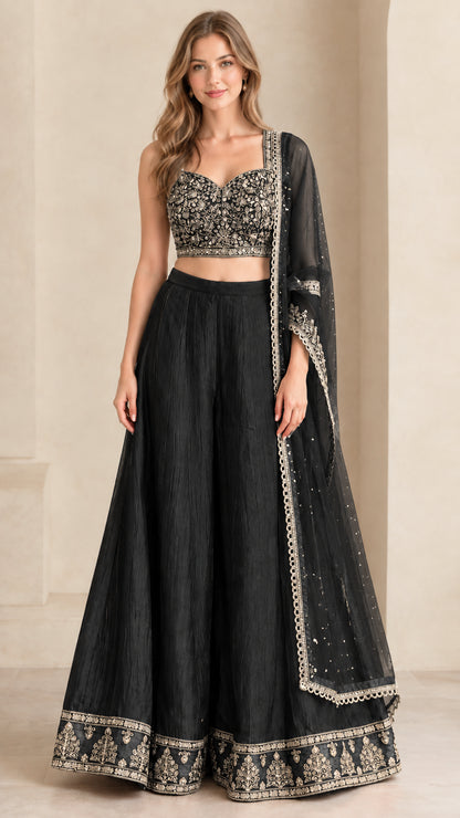 Black embroidered crop top and wide-leg palazzo pant set