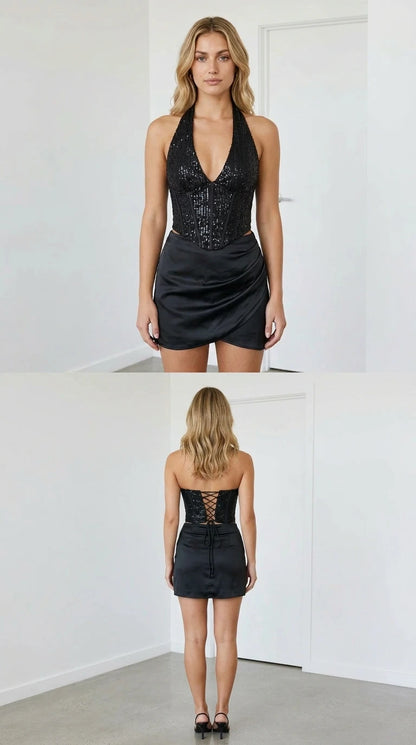 Black sequin halter corset top and matching satin wrap mini skirt front and back view