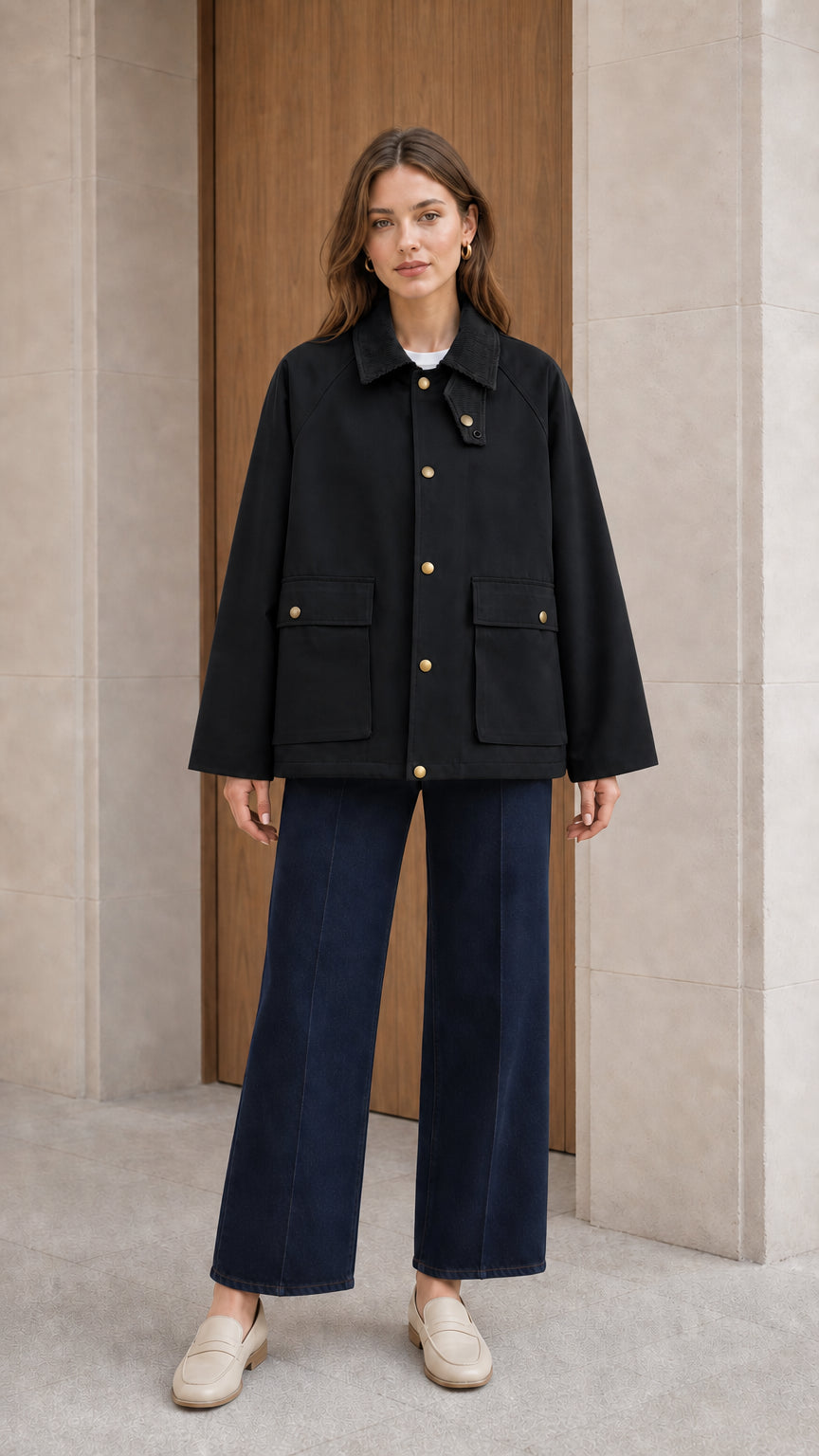 Full body view of model wearing classic black corduroy collar utility jacket