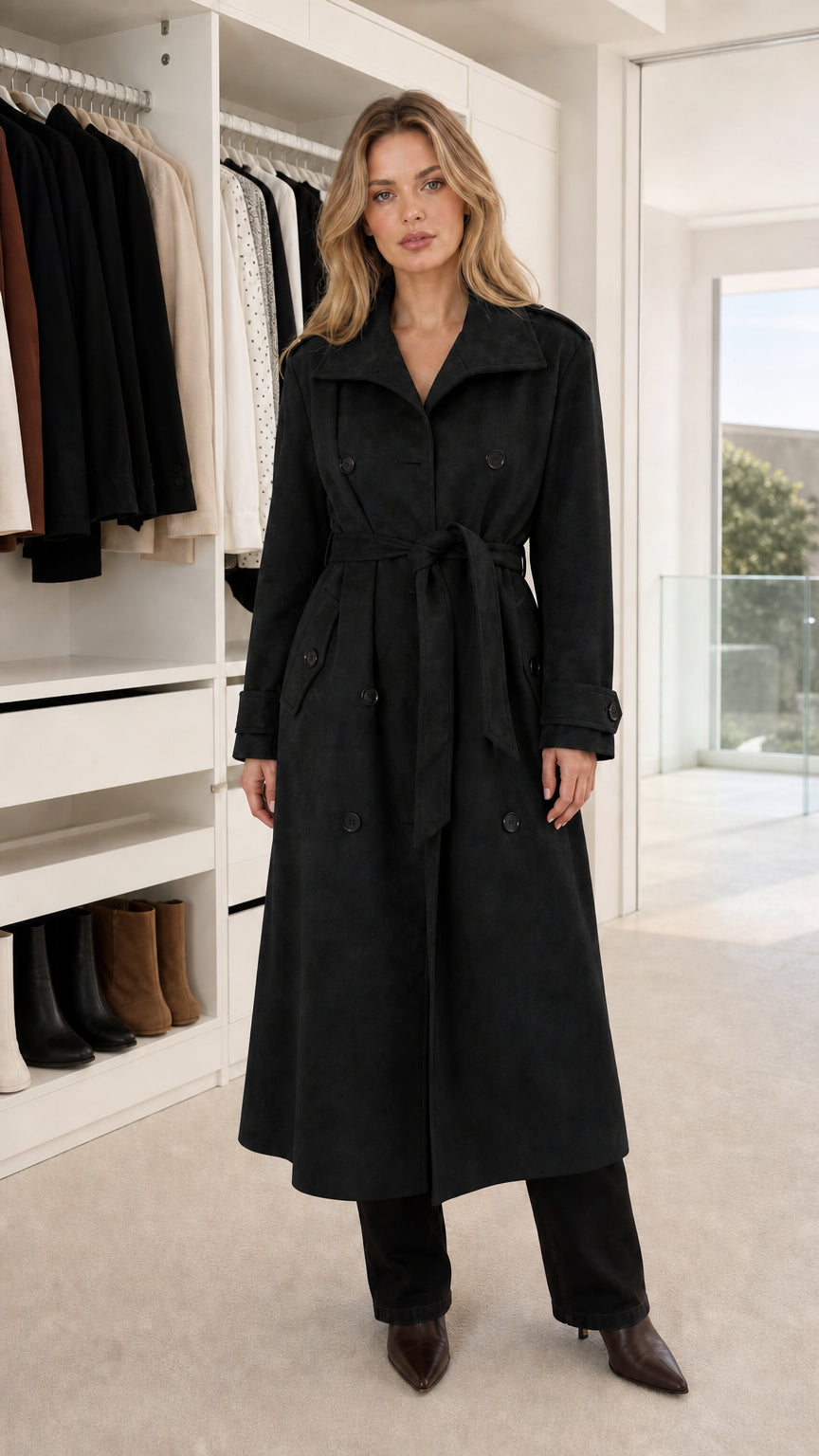 Front view of model wearing black faux suede belted long trench coat