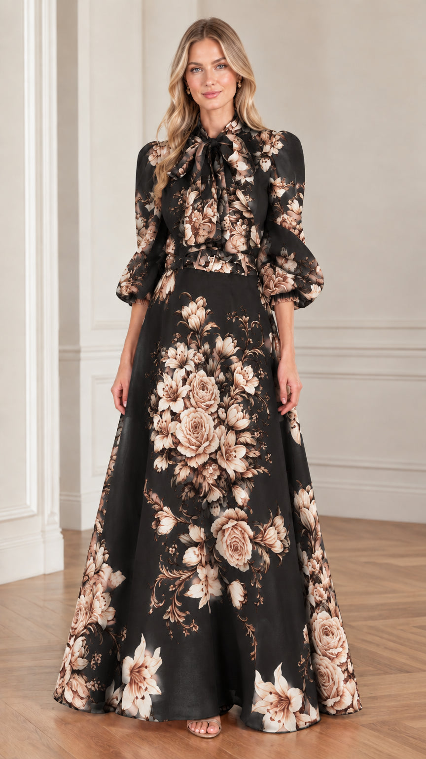 Full front view of black floral tie-neck puff sleeve belted maxi dress