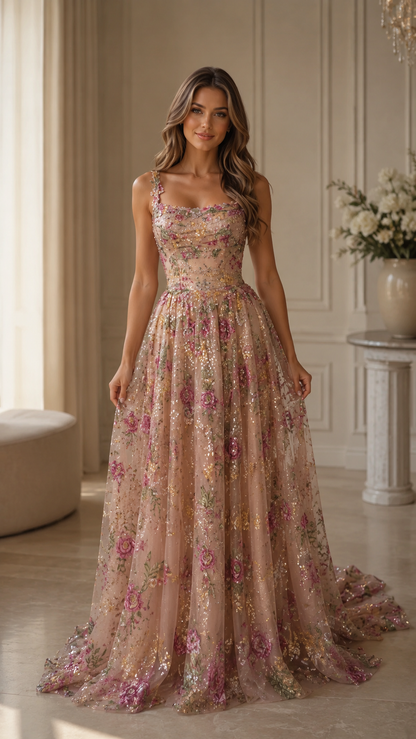 Blush pink floral glitter ball gown maxi dress front view