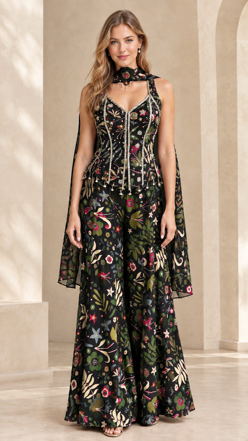 Full length view of floral corset wide-leg jumpsuit in black
