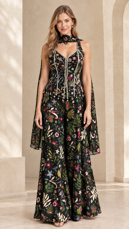 Full length view of floral corset wide-leg jumpsuit in black