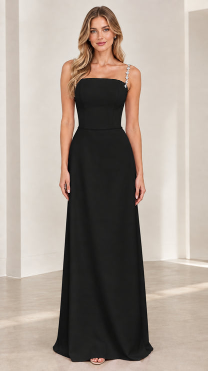 Black straight neck floor-length evening dress with rhinestone straps