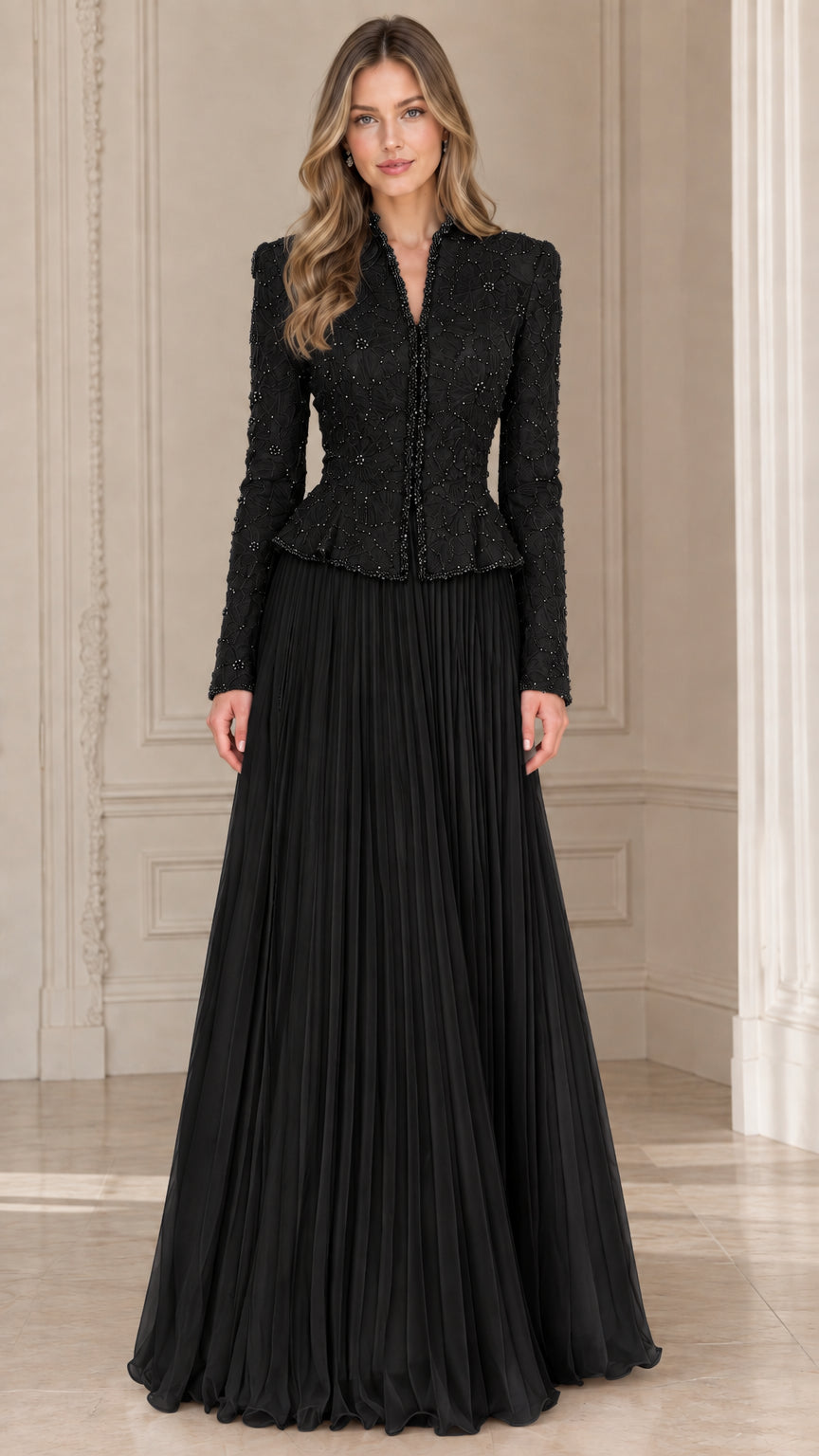 Classic black embellished peplum jacket and pleated maxi skirt evening set