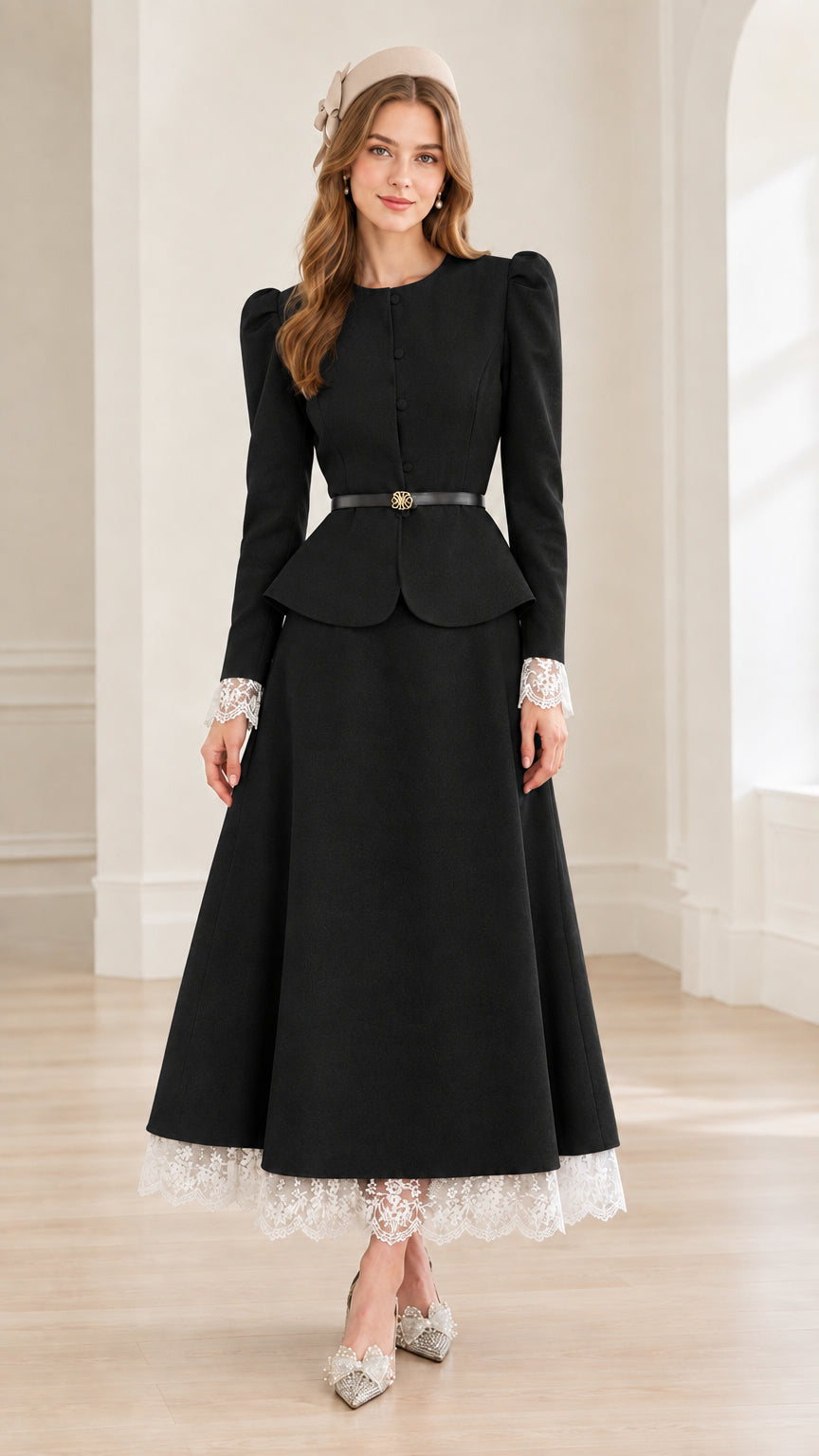 Front view of woman wearing black vintage peplum jacket and lace hem maxi skirt set