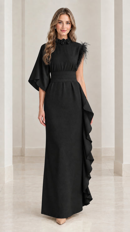 Black asymmetrical one-sleeve evening gown with floral neckline and feather accent
