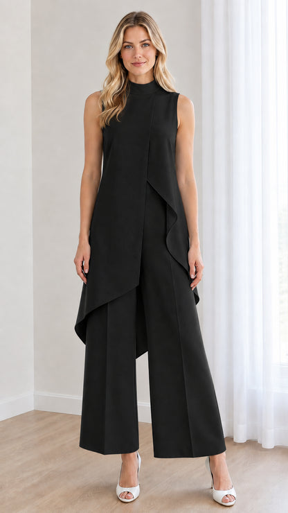 Front view of black sleeveless mock neck wide leg jumpsuit