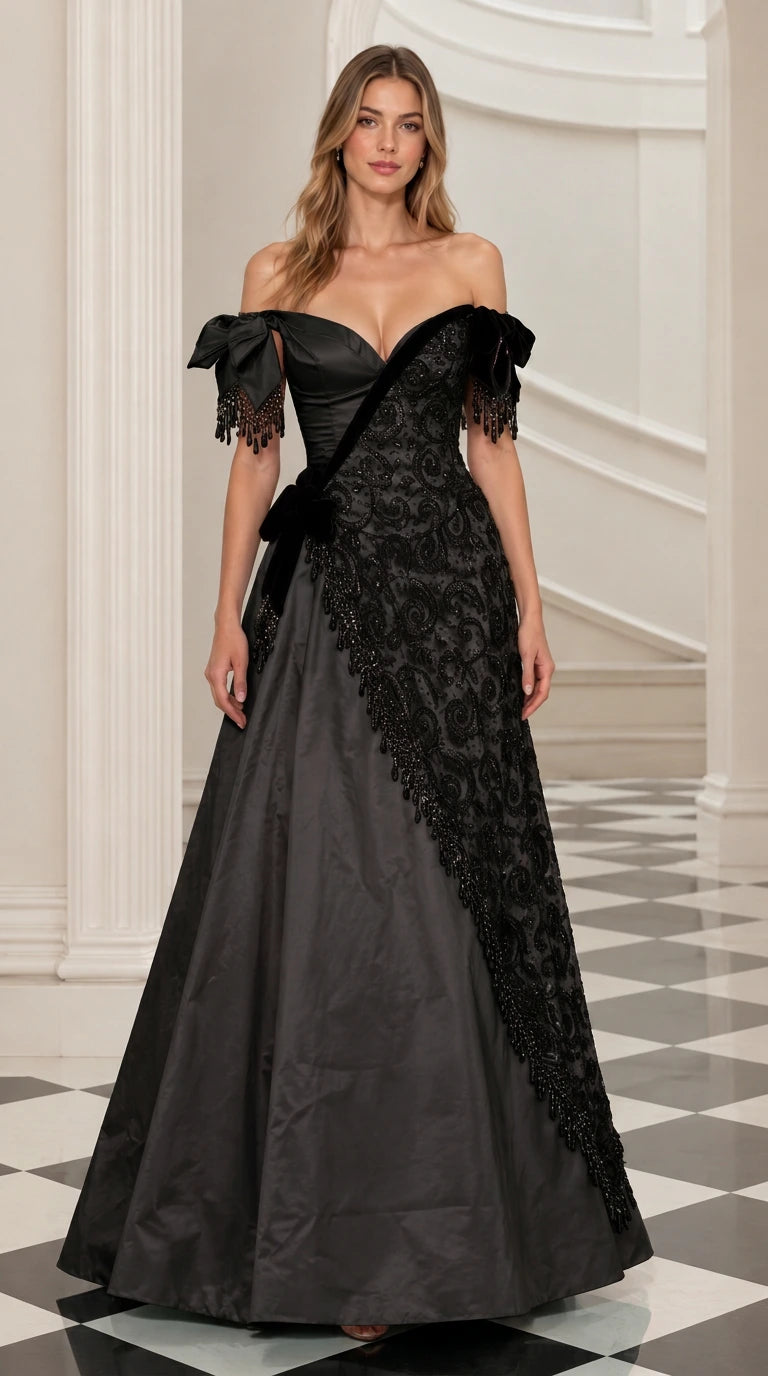 Front view of black on black off-the-shoulder formal A-line evening gown
