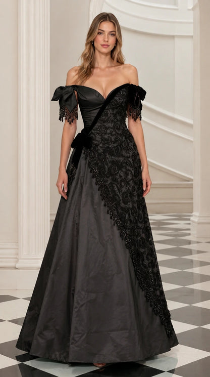 Front view of black on black off-the-shoulder formal A-line evening gown