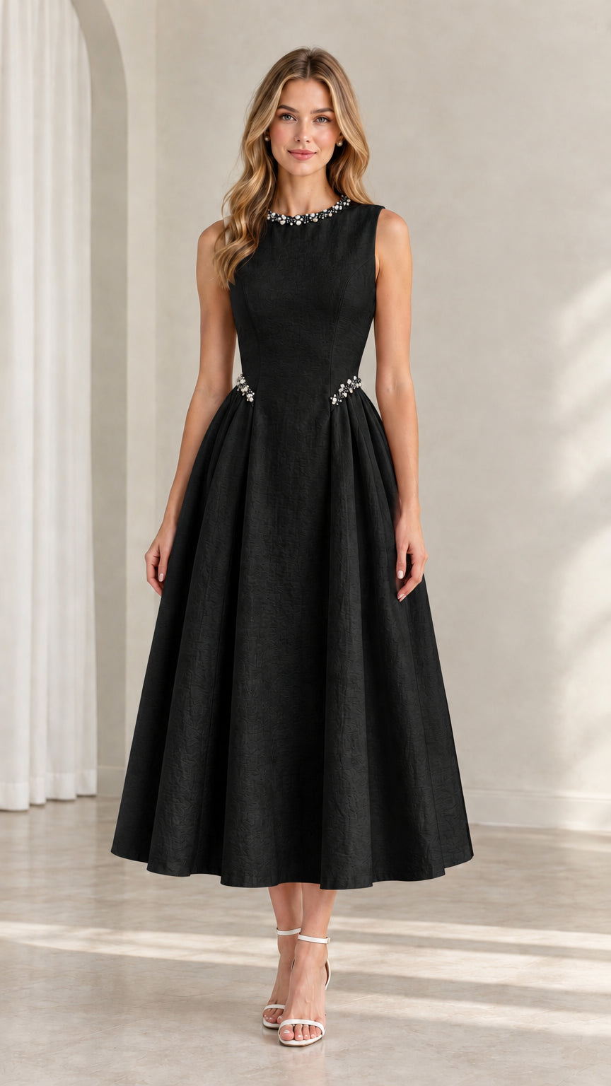 Model wearing black sleeveless beaded A-line midi cocktail dress