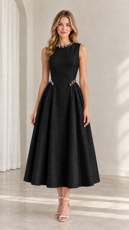 Model wearing black sleeveless beaded A-line midi cocktail dress