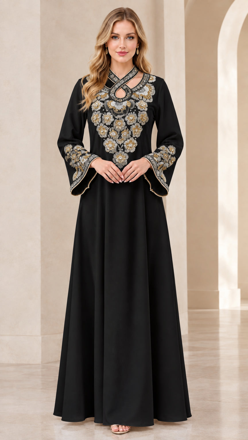 Black floor-length kaftan dress with ornate gold floral bodice embellishments