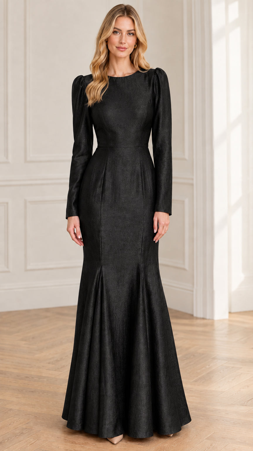 Black long sleeve textured jacquard mermaid evening gown