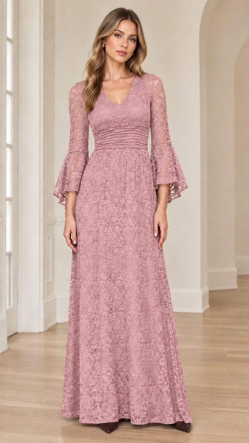 Front view of dusty rose floral lace flare sleeve maxi dress