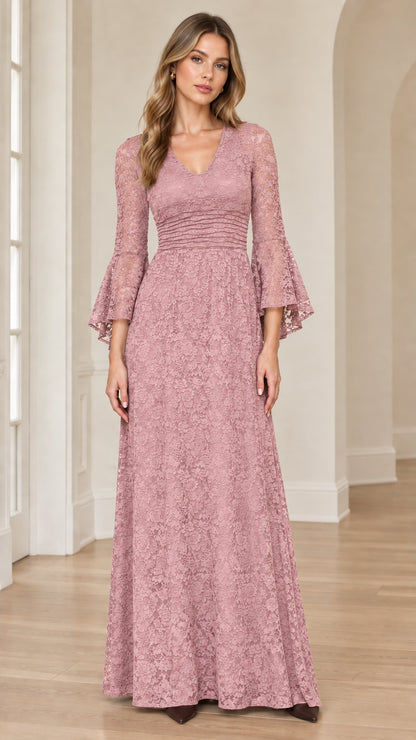 Front view of dusty rose floral lace flare sleeve maxi dress
