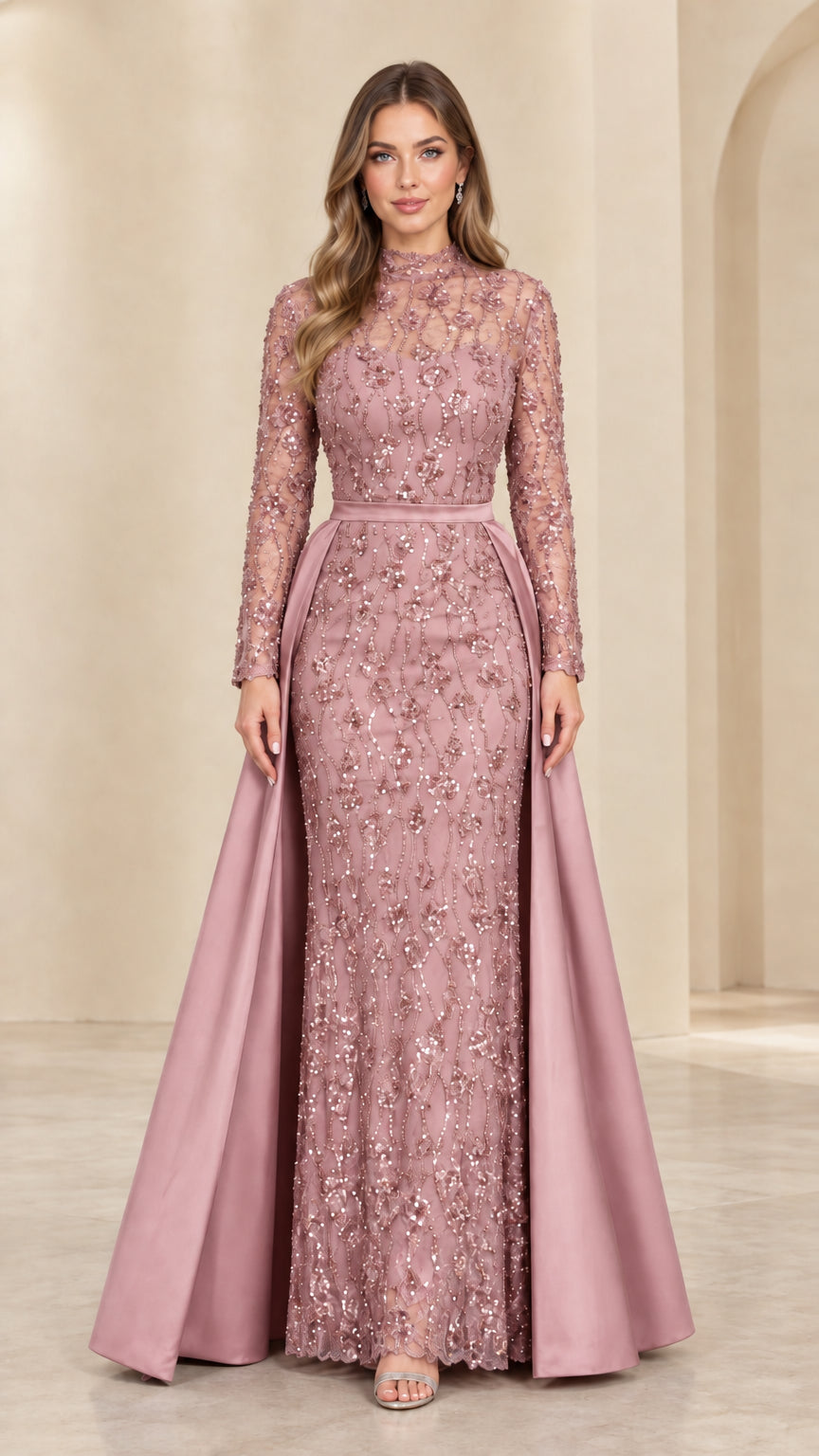 Front view of model in Dusty Rose sequined lace formal dress with satin overskirt