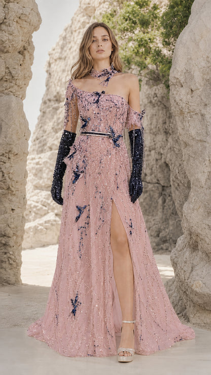 Full front view of Dusty Pink asymmetrical beaded evening dress