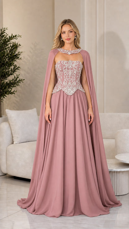 Front view of dusty rose pink beaded corset gown with attached chiffon cape