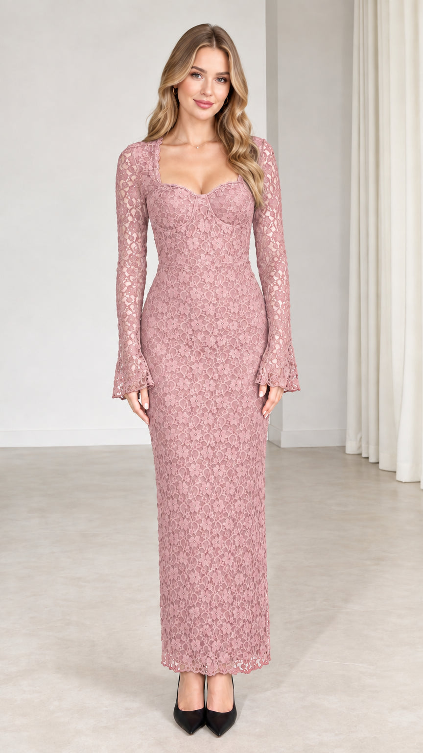 Front view of model wearing dusty pink floral lace column maxi dress
