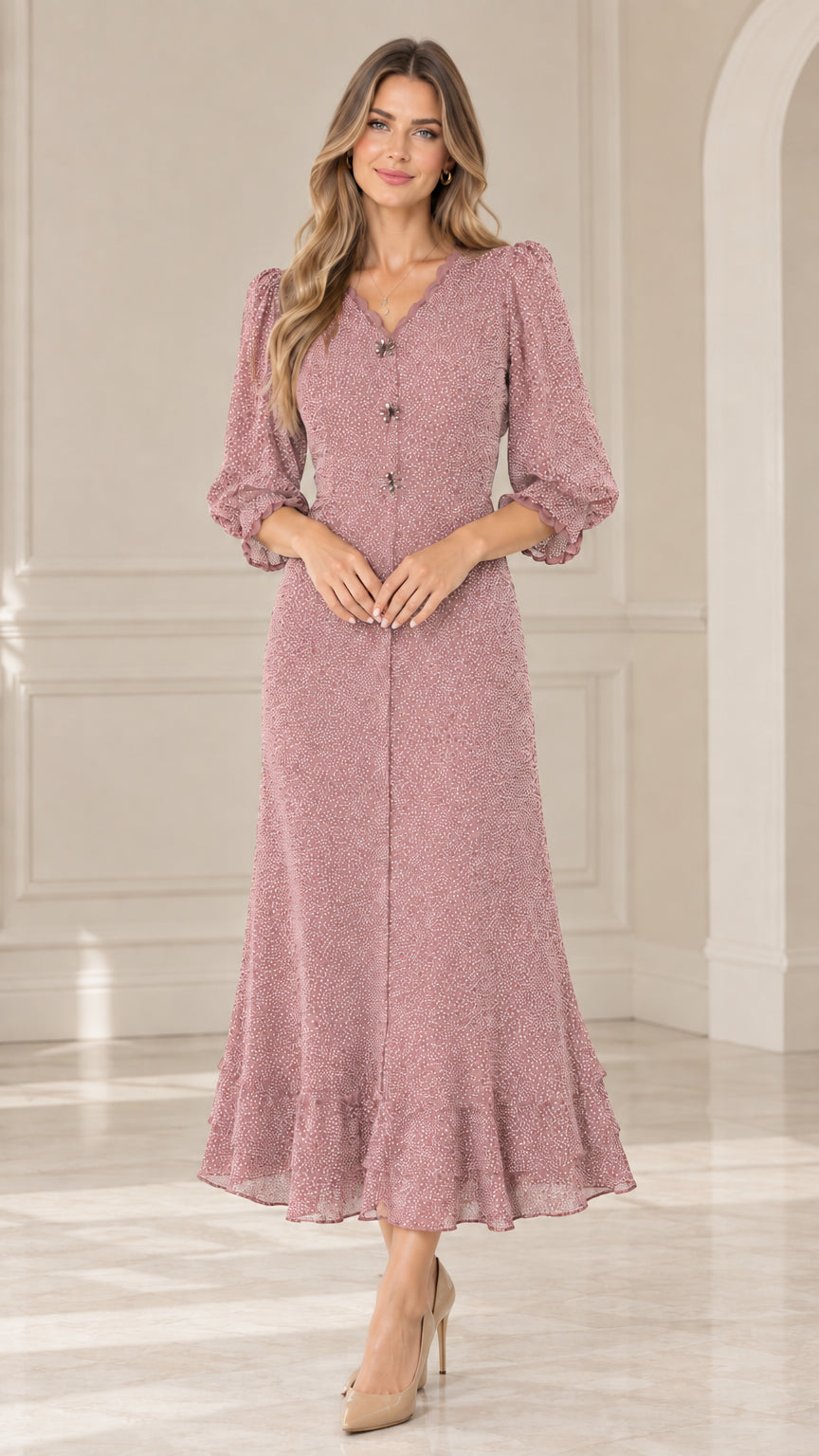 Front view of model wearing Dusty Pink scalloped V-neck polka dot midi dress