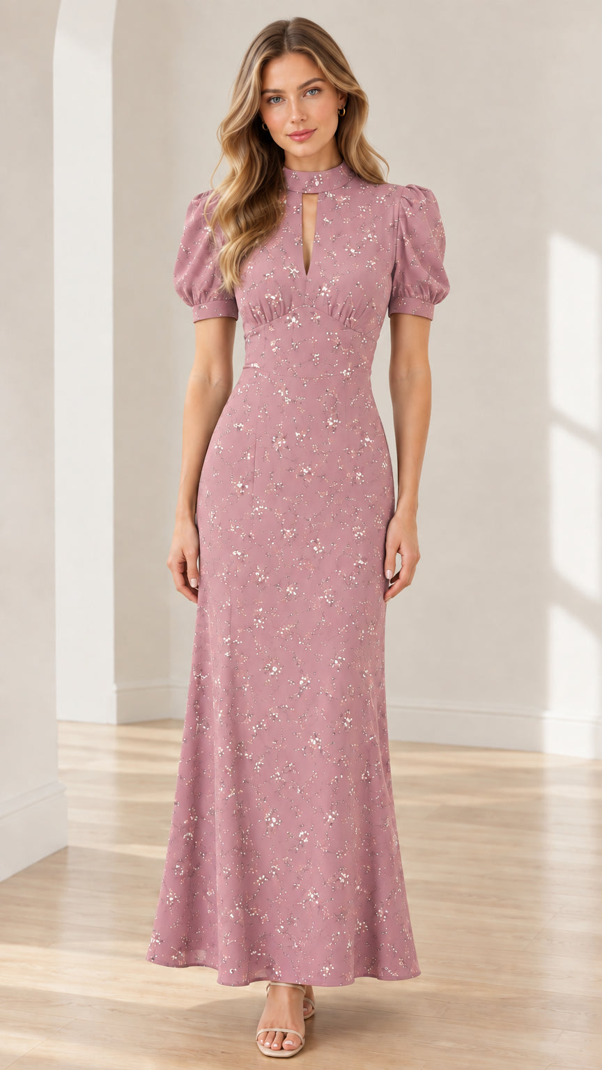 Dusty rose pink floral print puff sleeve keyhole maxi dress on model