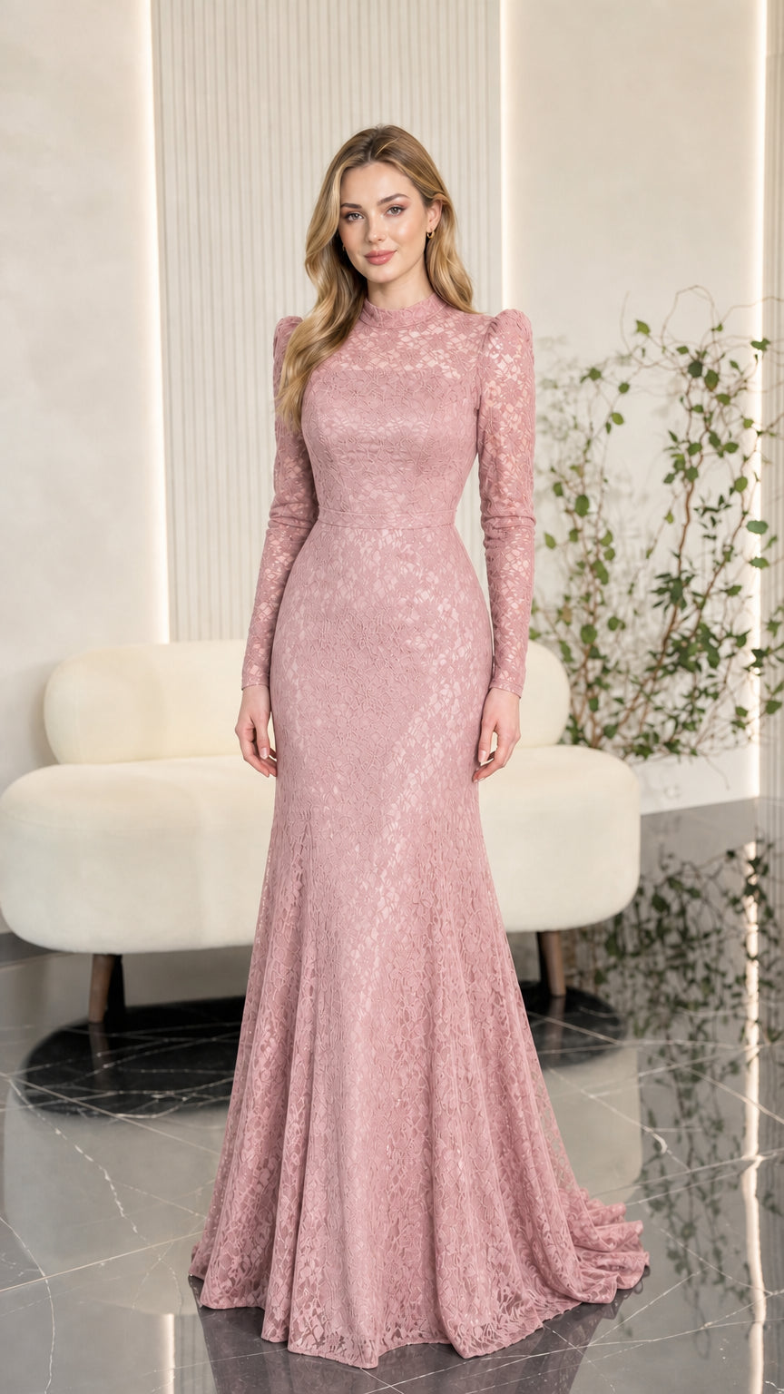 Dusty rose pink long sleeve lace mermaid evening gown
