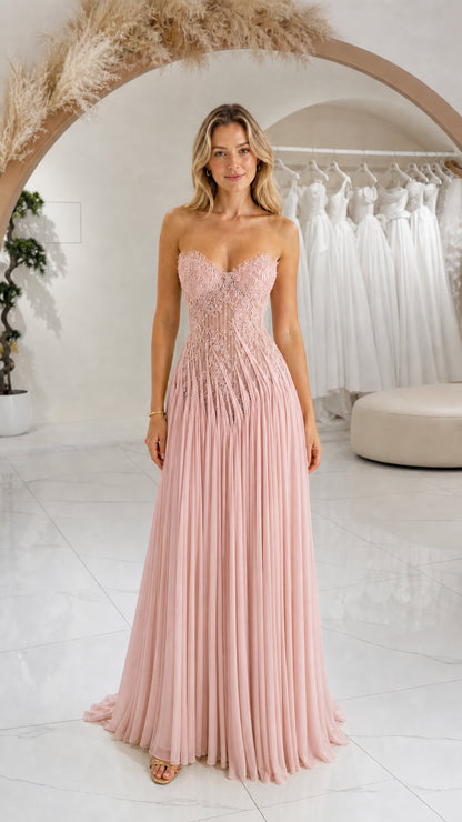 Front view of blush pink strapless sweetheart lace pleated maxi dress