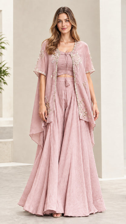 Dusty pink 3-piece embroidered cape and wide-leg pant set