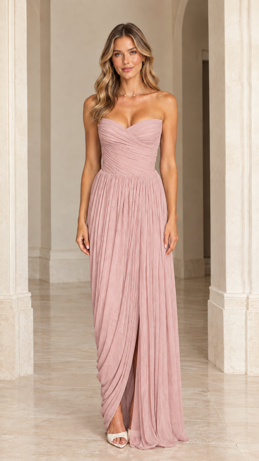 Dusty rose strapless pleated sweetheart corset maxi dress