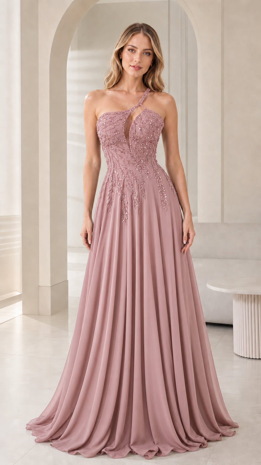 Front view of woman wearing dusty rose one-shoulder beaded evening dress