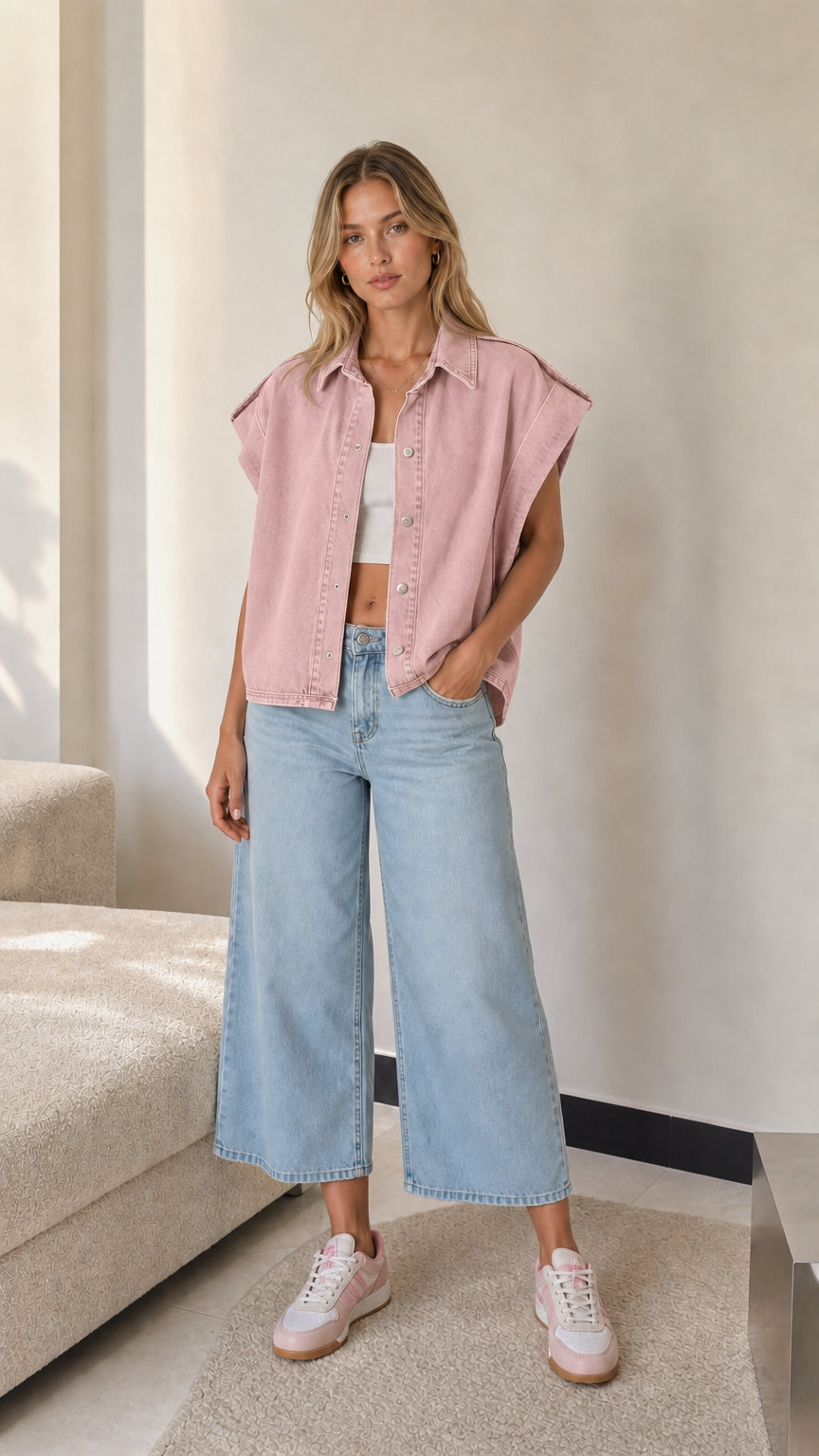 Model wearing Dusty Pink sleeveless denim vest paired with light wash wide-leg jeans